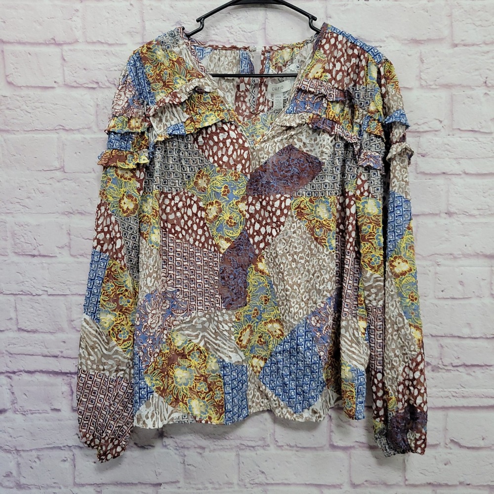 NEW CUPIO Animal Floral Patchwork Blouse L Sheer Ruffle Boho Festival Cottage